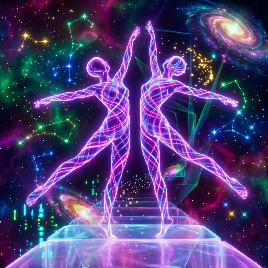 Two neon-lit abstract figures intertwined, symbolizing couple self-expansion and adventure in relationships