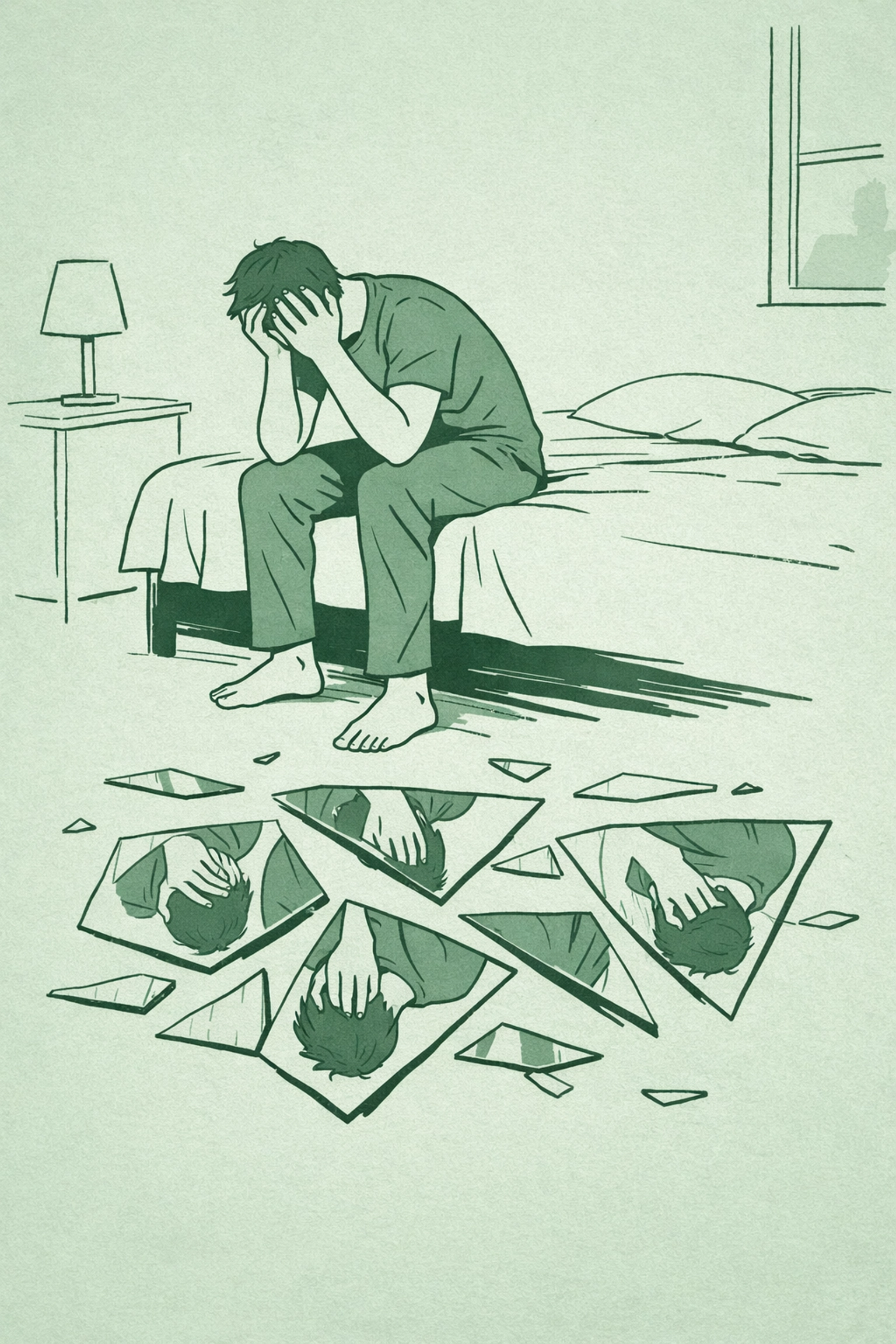 Man devastated by broken mirrors reflecting his triple life - MM psychological thriller