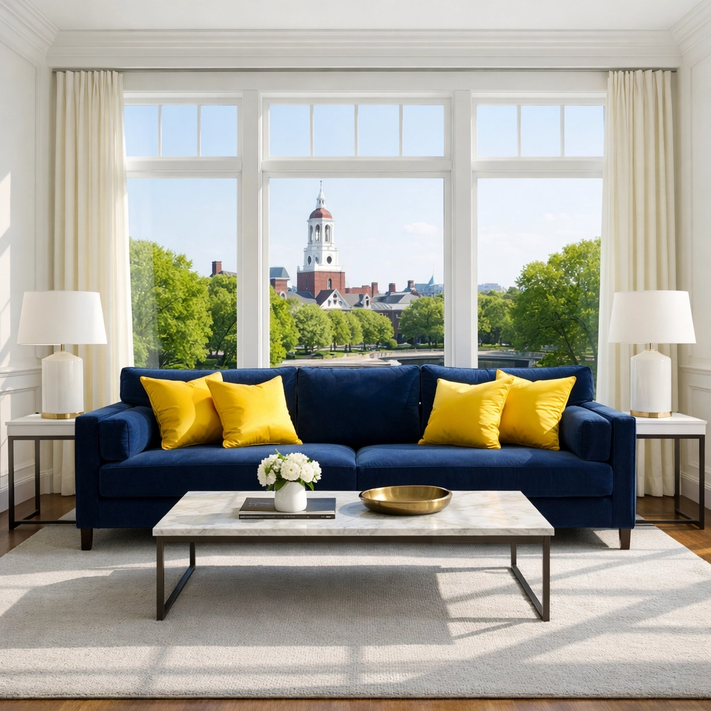 Clean sun-drenched living room in Massachusetts after a scheduled residential cleaning in Harvard.
