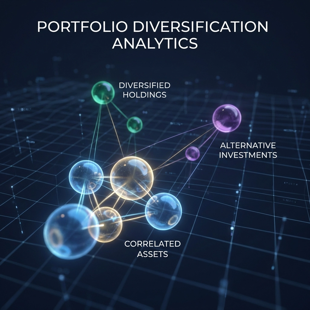 Portfolio diversification visualized by colorful orbs representing different asset classes and low correlation.