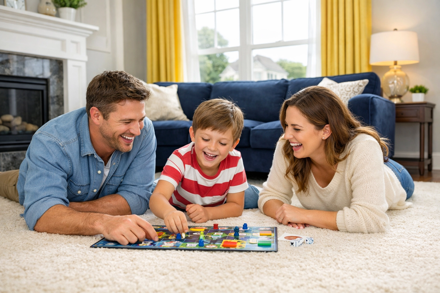 Happy family playing on a clean carpeted floor after a recurring house cleaning service in Ashby MA.