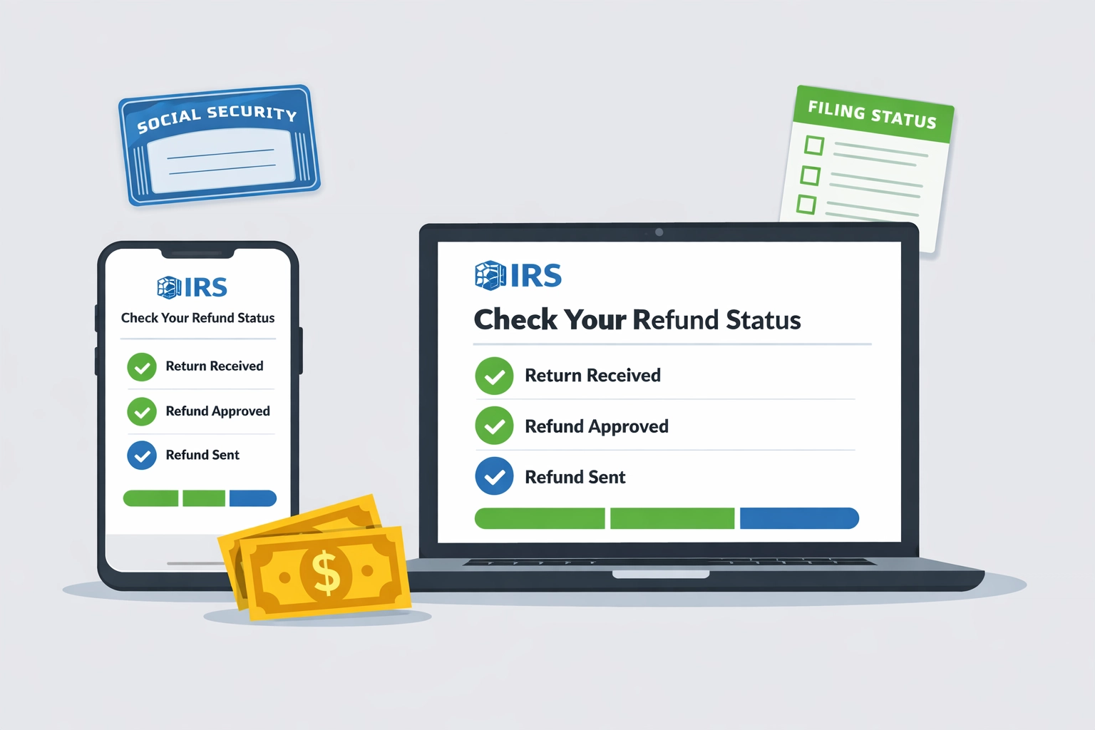IRS Where's My Refund tool interface showing required information: SSN, filing status, and refund amount