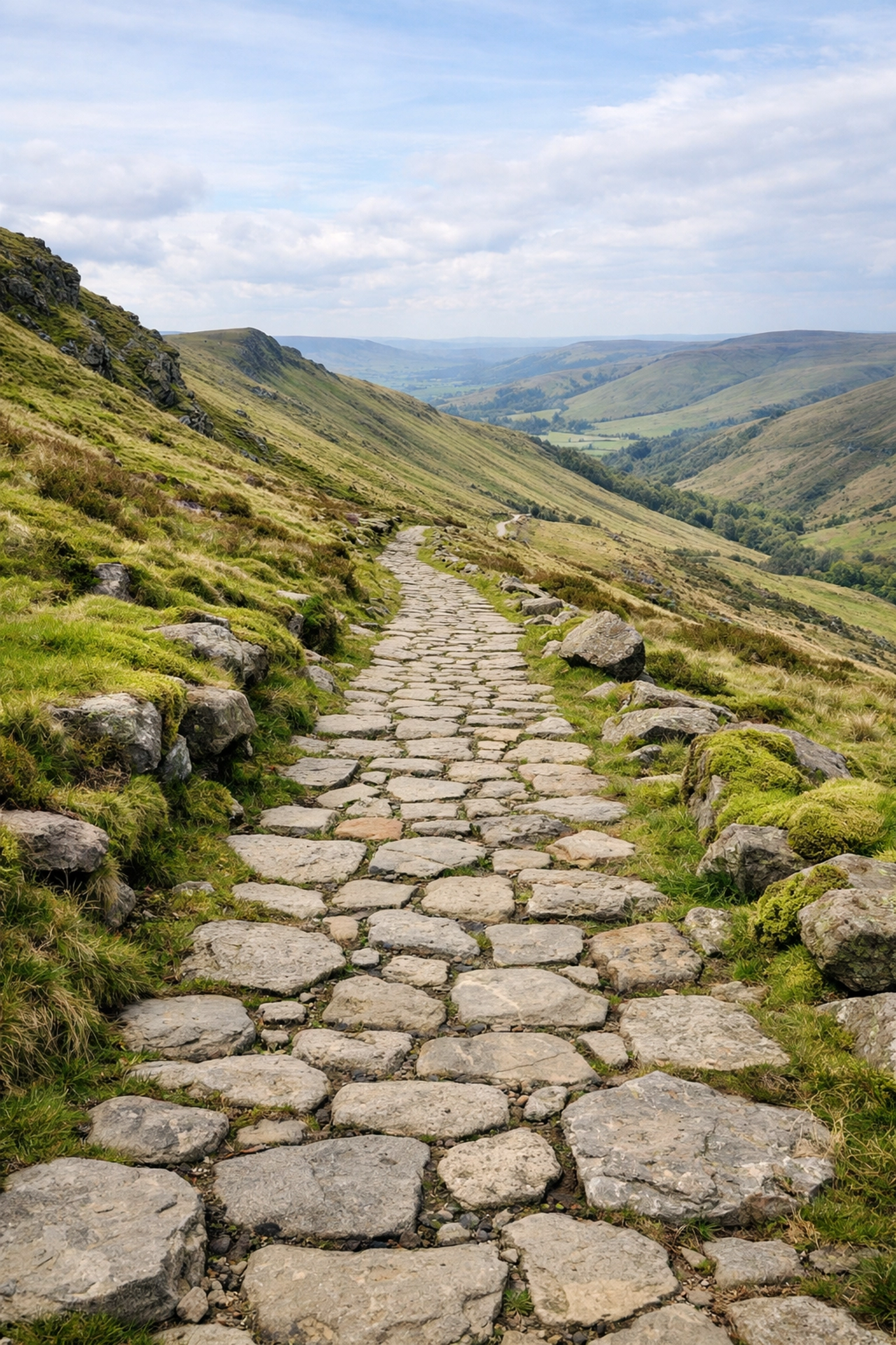 A well-maintained stone-pitched hiking path through the rolling green hills of the UK Peak District.
