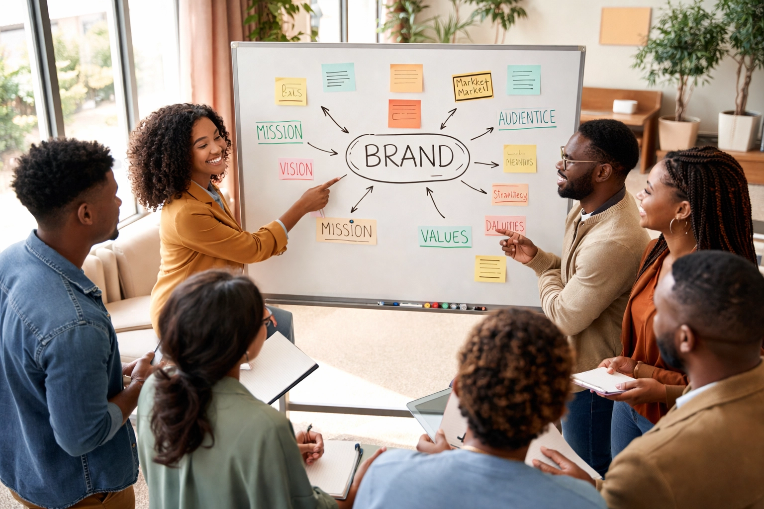 Diverse Black entrepreneurs collaborating on brand strategy with mission and values at a modern co-working space.