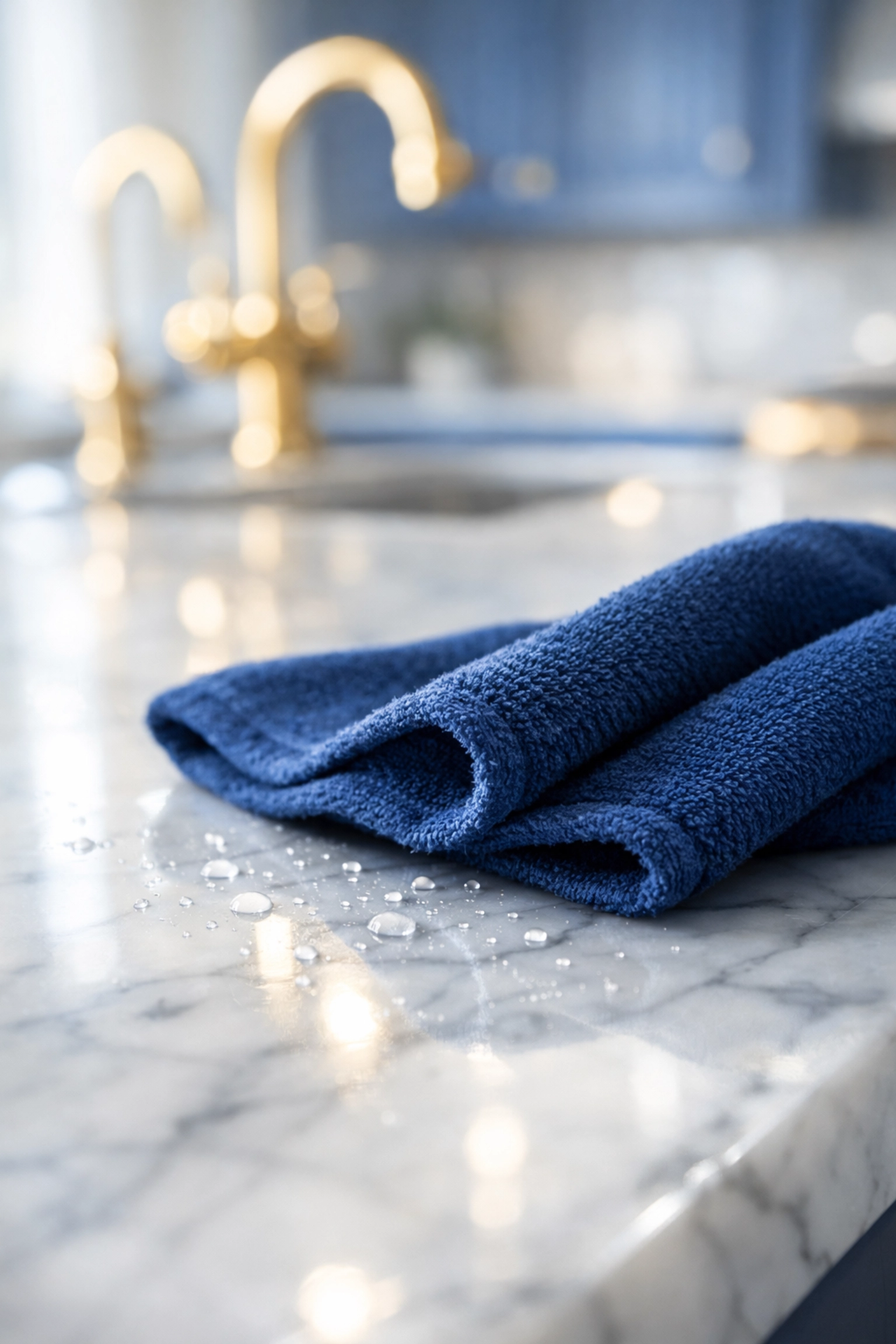 Eco-friendly post-construction cleaning of a marble kitchen island in a luxury Newton home.