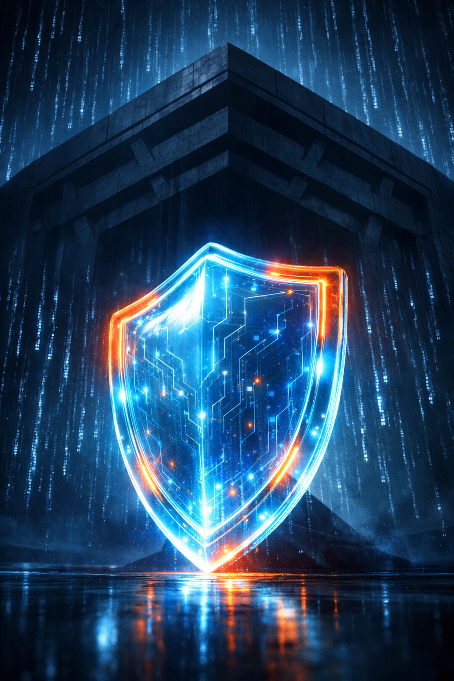 A digital shield protecting data against a heavy Pentagon shadow, representing AI security and guardrails.