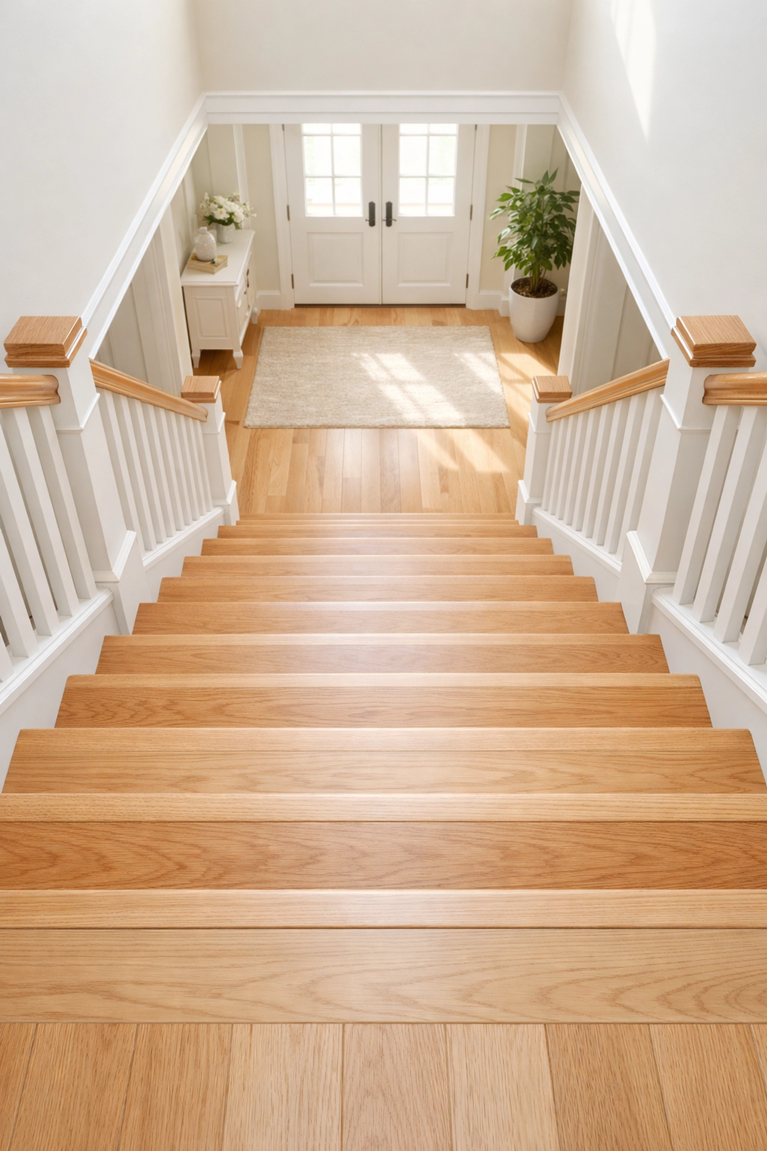 High-angle view of uniform wooden stairs highlighting consistent step height for safe home navigation.