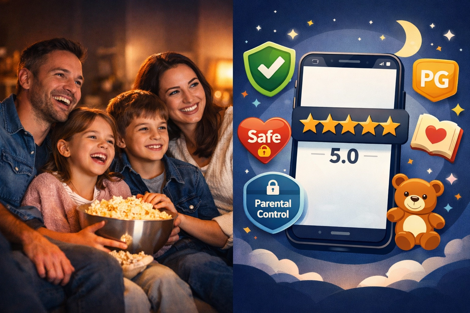 Christian family movie night with safety rating system for parents