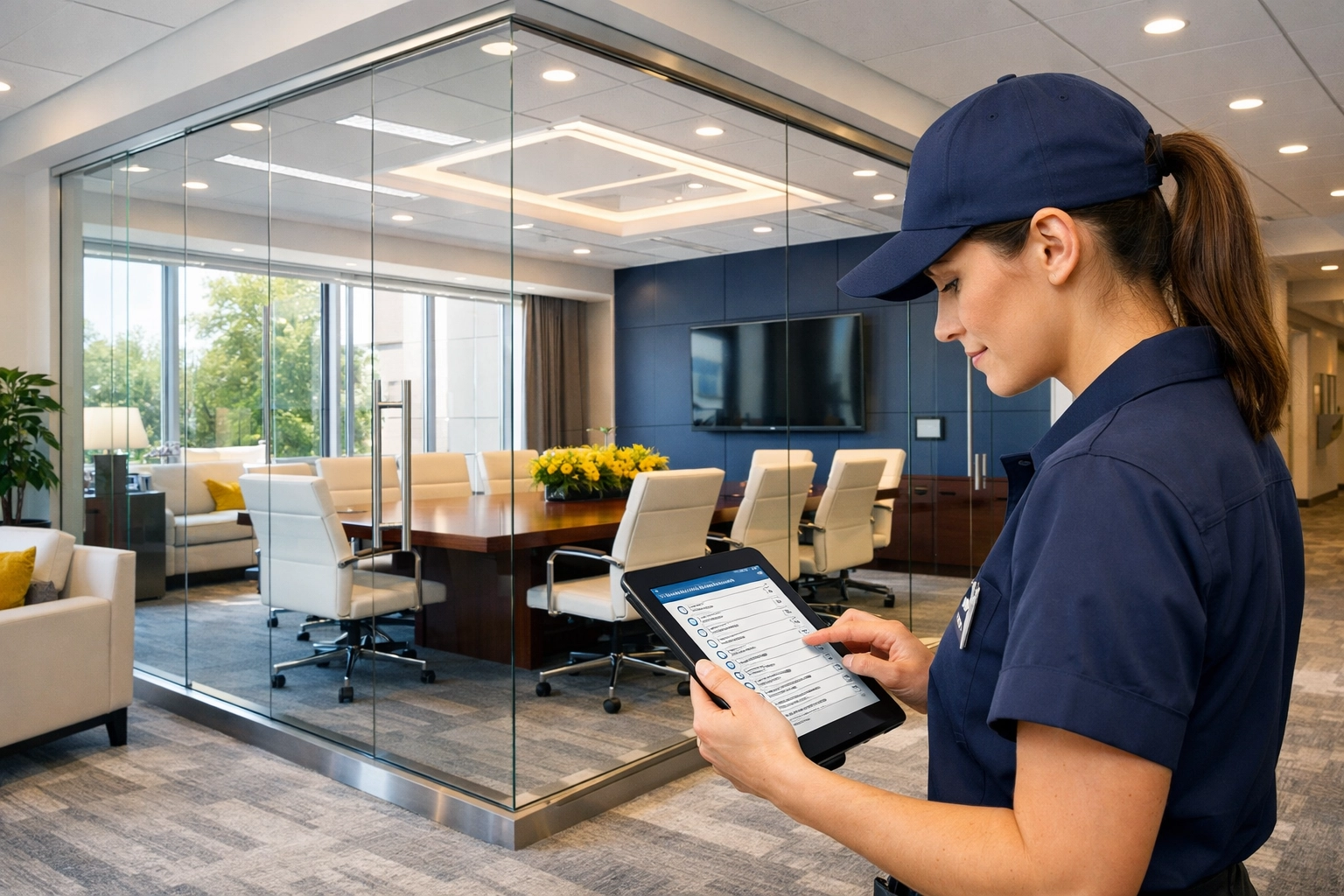 Professional cleaner using a digital checklist for commercial cleaning in a modern Milford office.