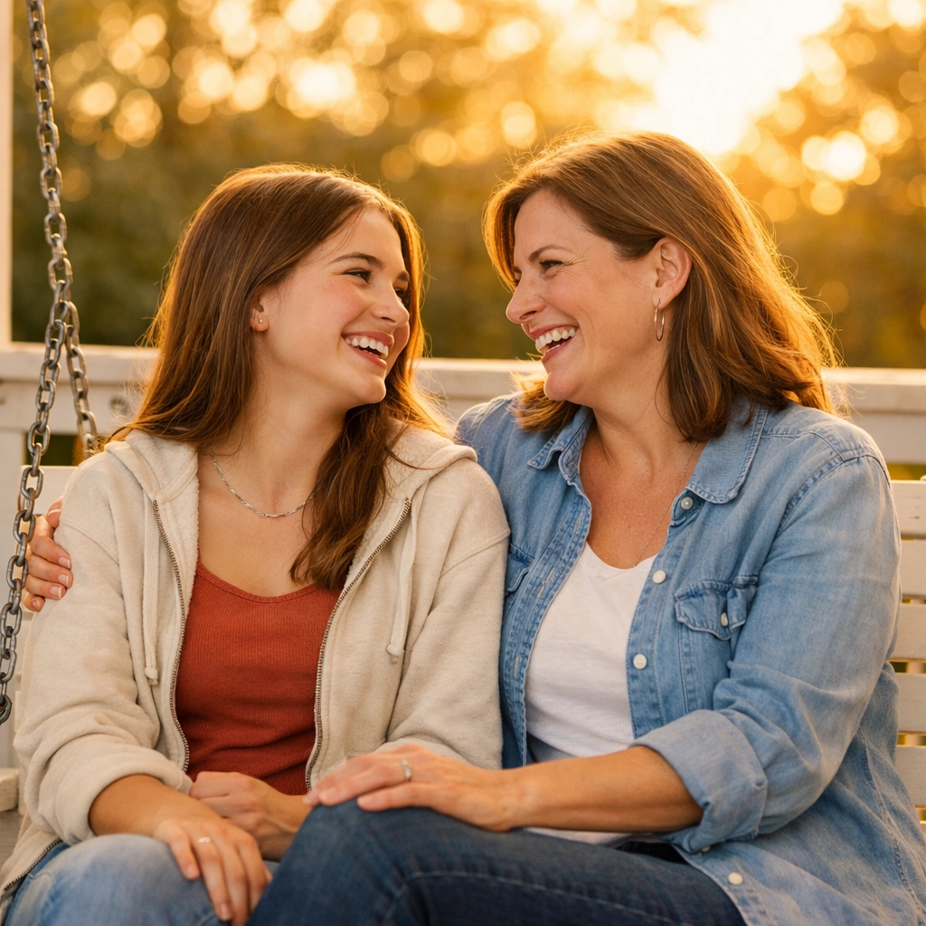 Mother and teenage daughter connecting on a porch swing, finding hope and identity in God's promises