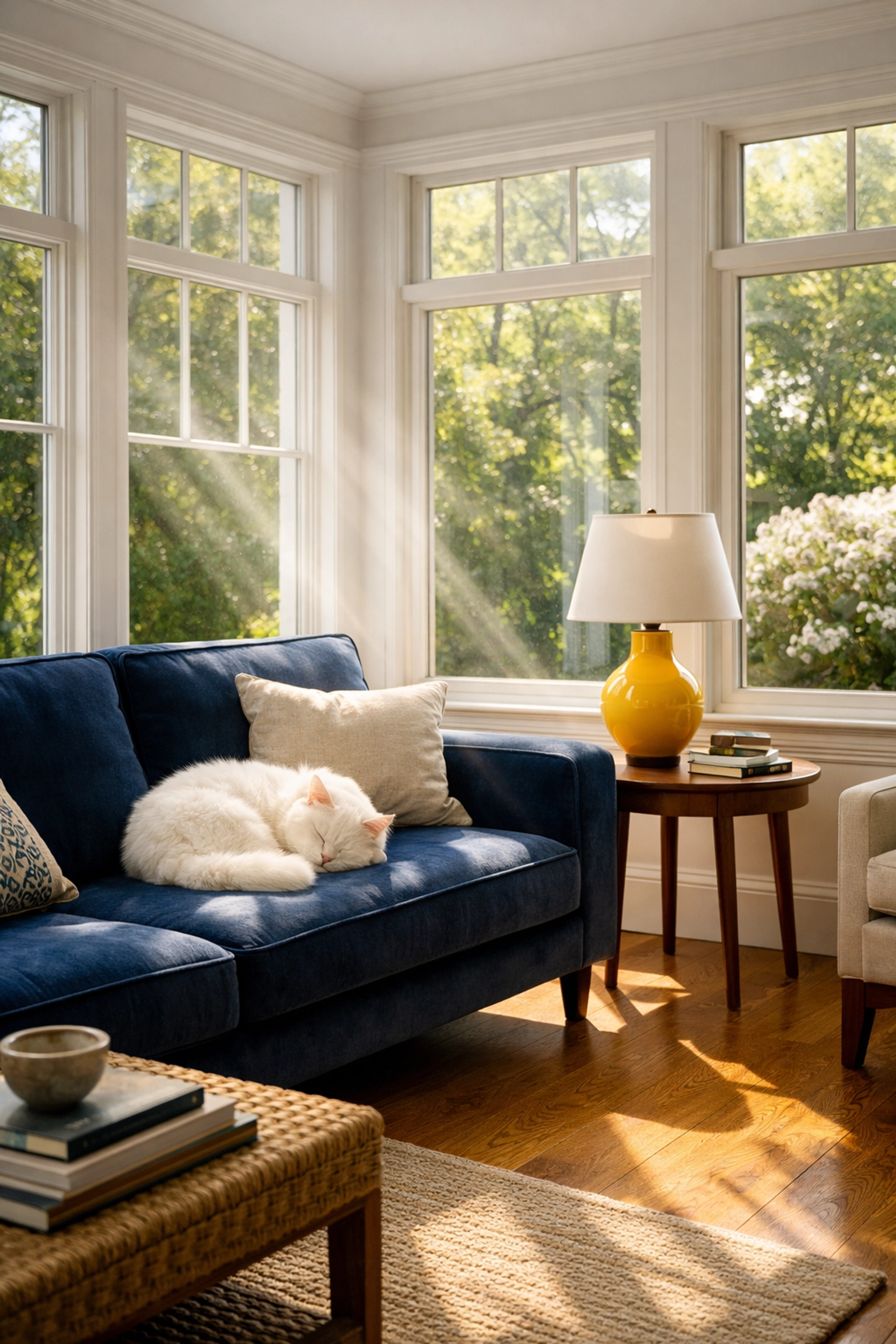 Cat napping in a dust-free sunroom showing high indoor air quality in a Massachusetts home.