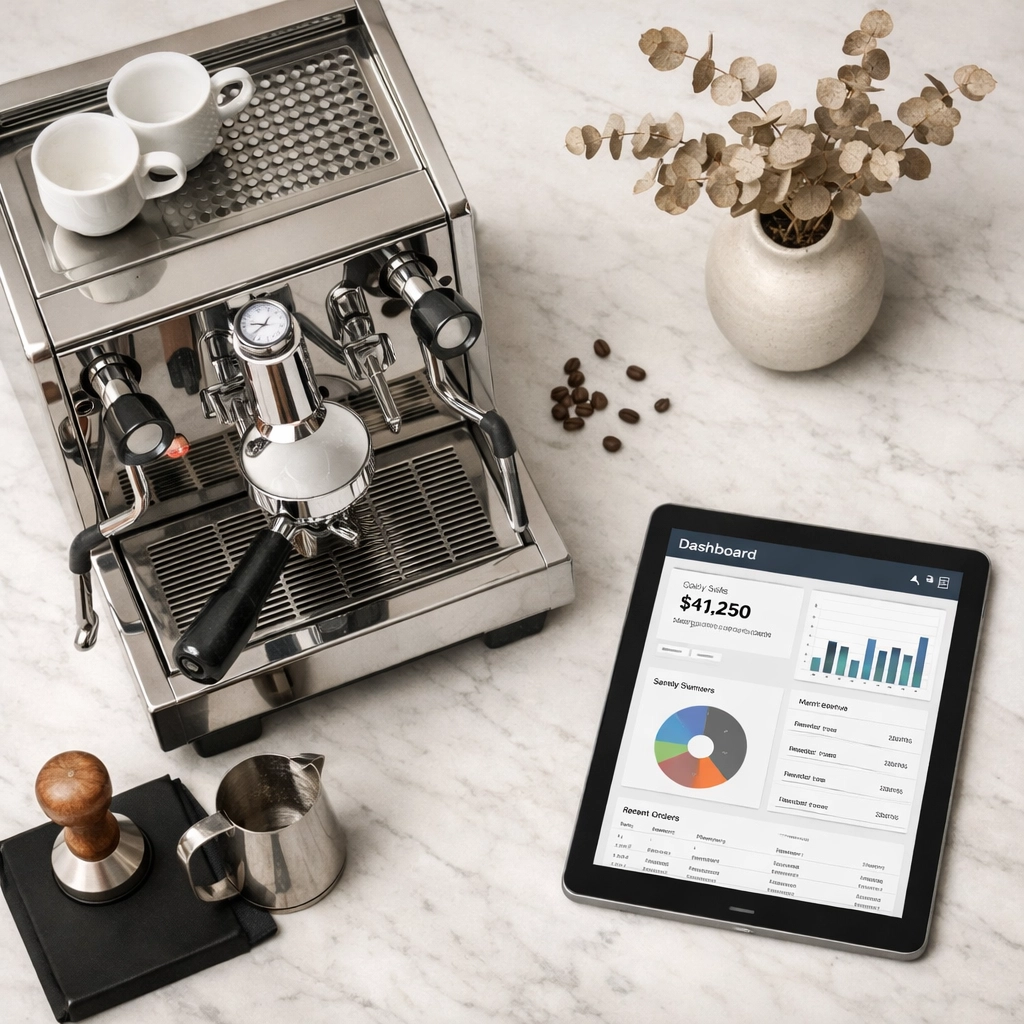 Organized coffee shop workspace with a high-end espresso machine and management tablet.