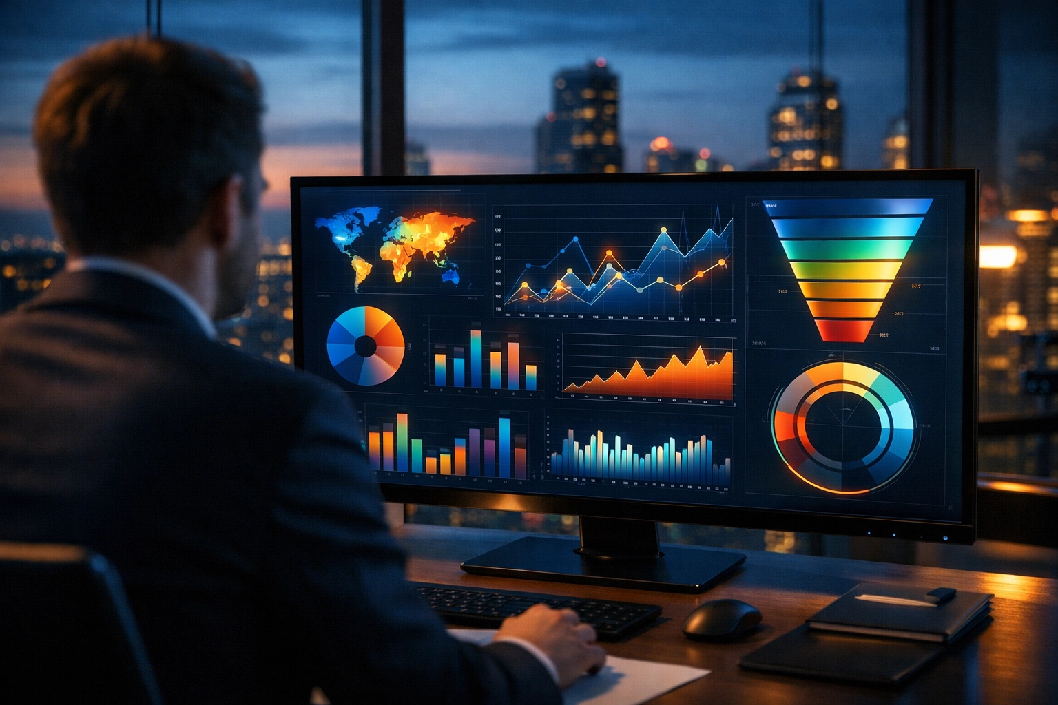 A marketing executive analyzing real-time digital media data and solution-based growth metrics in a modern office.