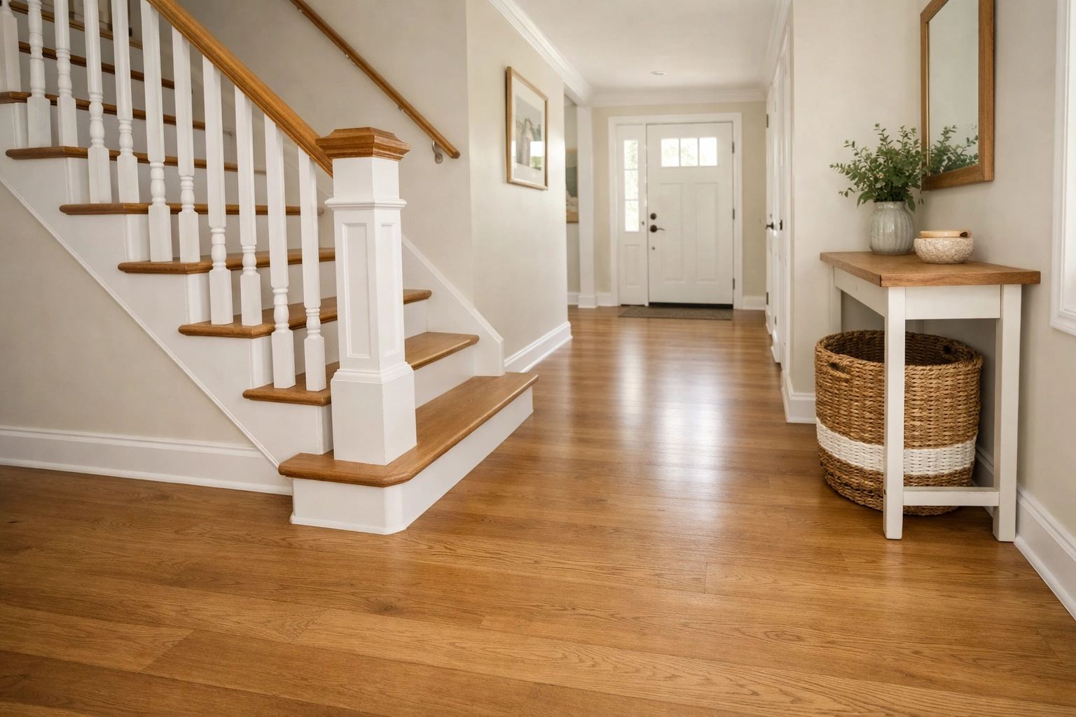 A well-lit and unobstructed stair landing without rugs to prevent tripping hazards in the home.