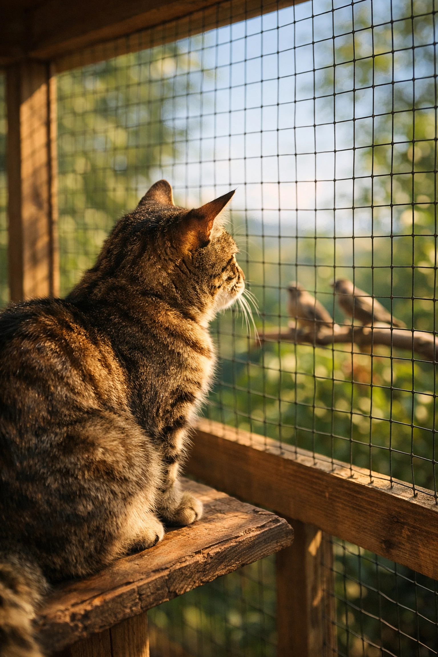 Tabby cat enjoying outdoor enrichment on wooden perch inside bright catio enclosure