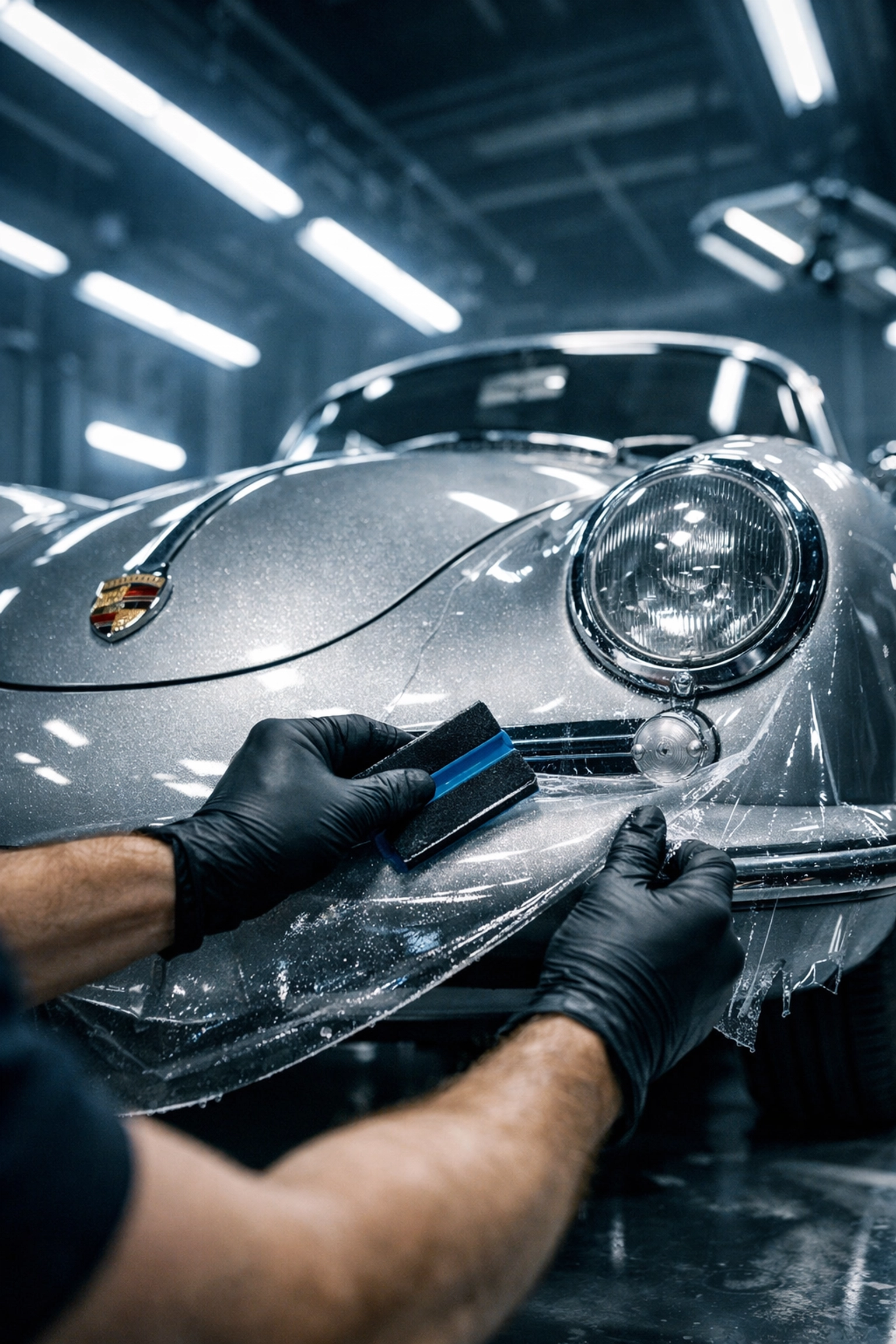 Technician applying paint protection film (PPF) to a vintage silver Porsche 356 to maintain its showroom shine.