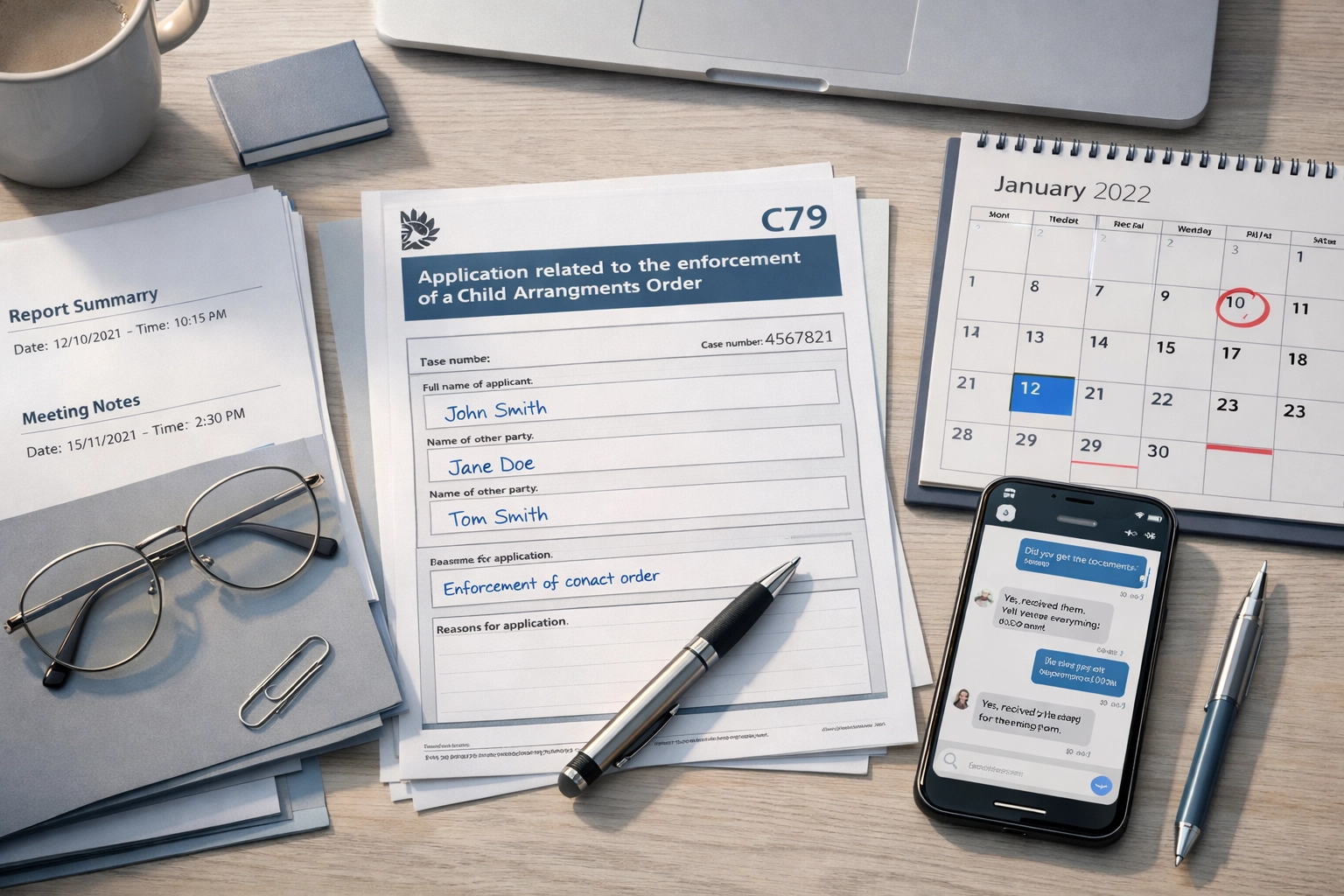 Evidence documentation for enforcing a child arrangements order including court forms and messages