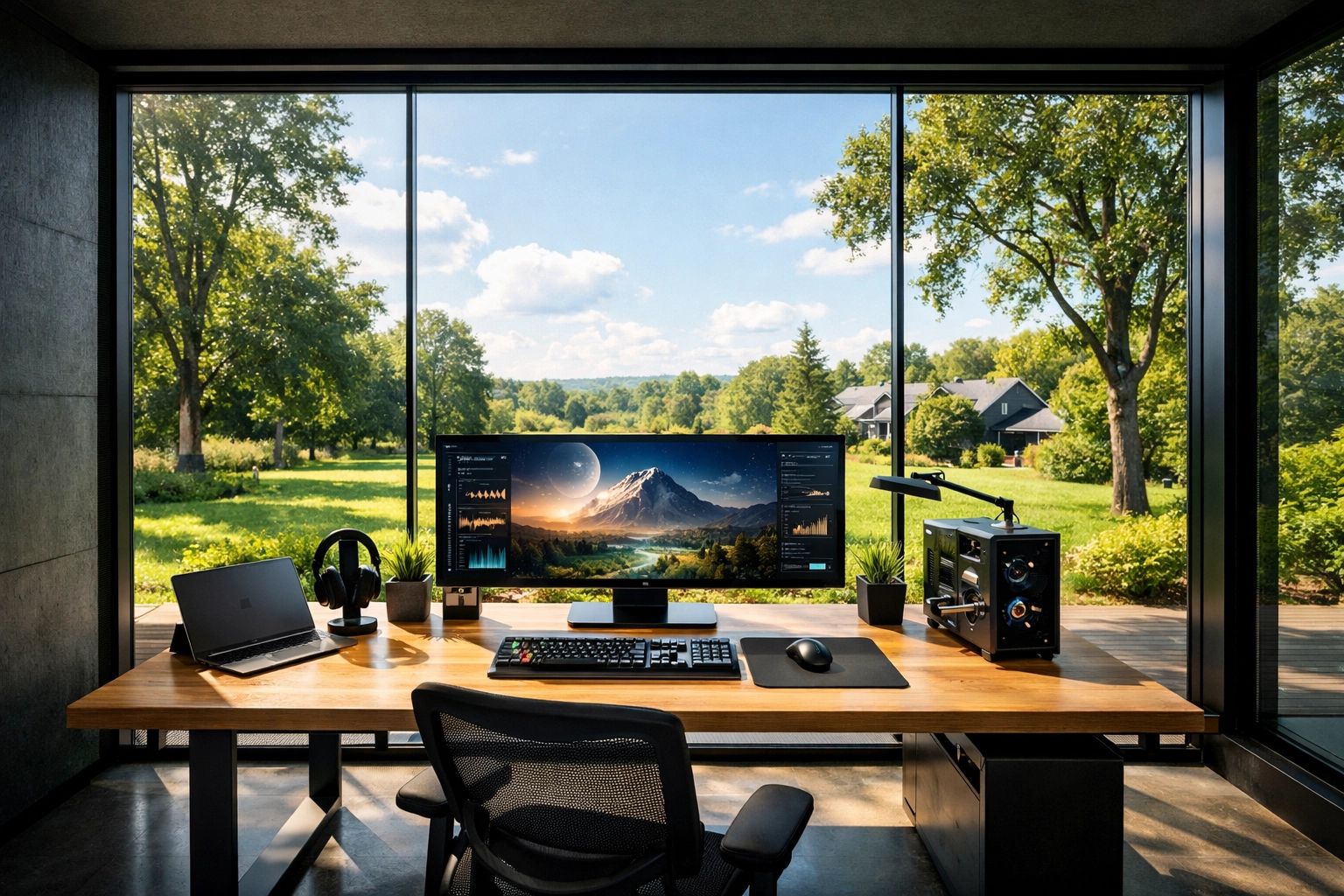 Professional interior of a high-performance tech pod workspace with a minimalist desk and suburban view.