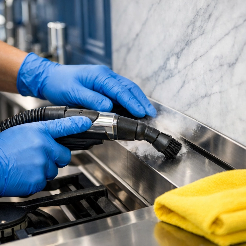 Professional deep cleaning in Lowell MA focusing on high-end kitchen detailing and sanitation.