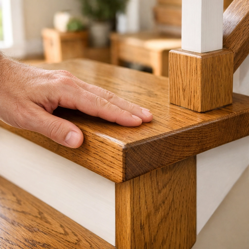 A hand checking the stability of a wooden stair tread as part of a home safety inspection.