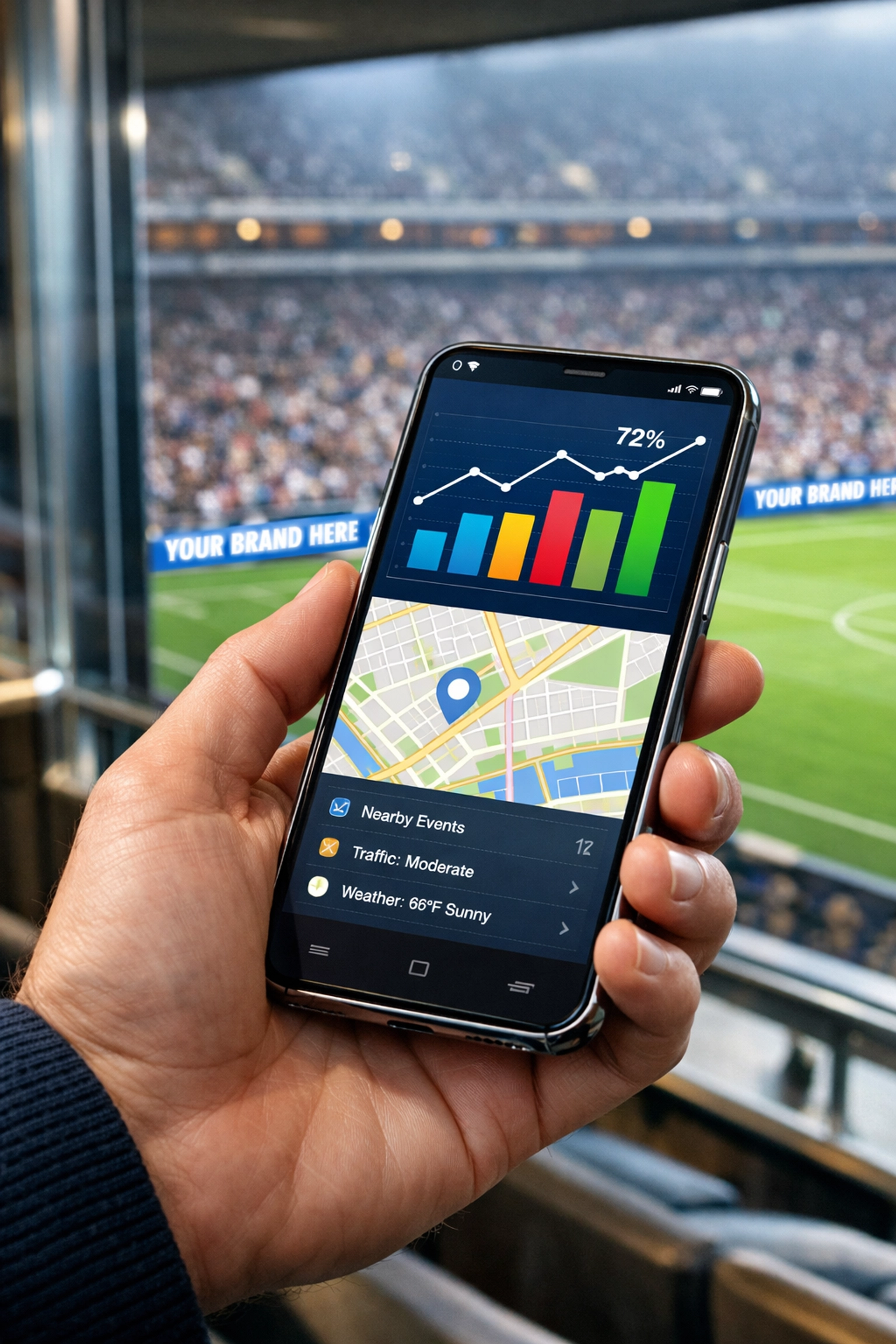 Fan using a smartphone in a stadium suite, illustrating the link between mobile engagement and perimeter ads.