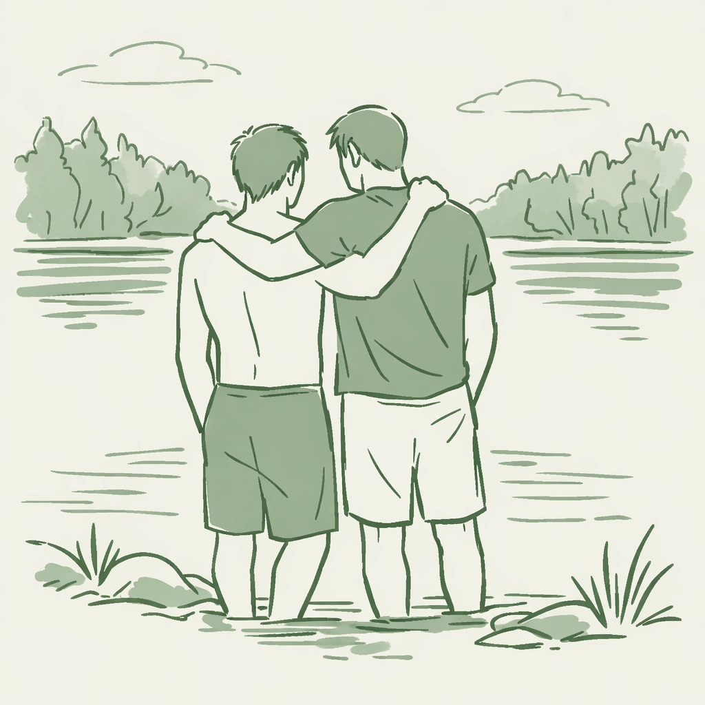 Two men by a lake showing vulnerability and emotional connection in body-positive MM romance