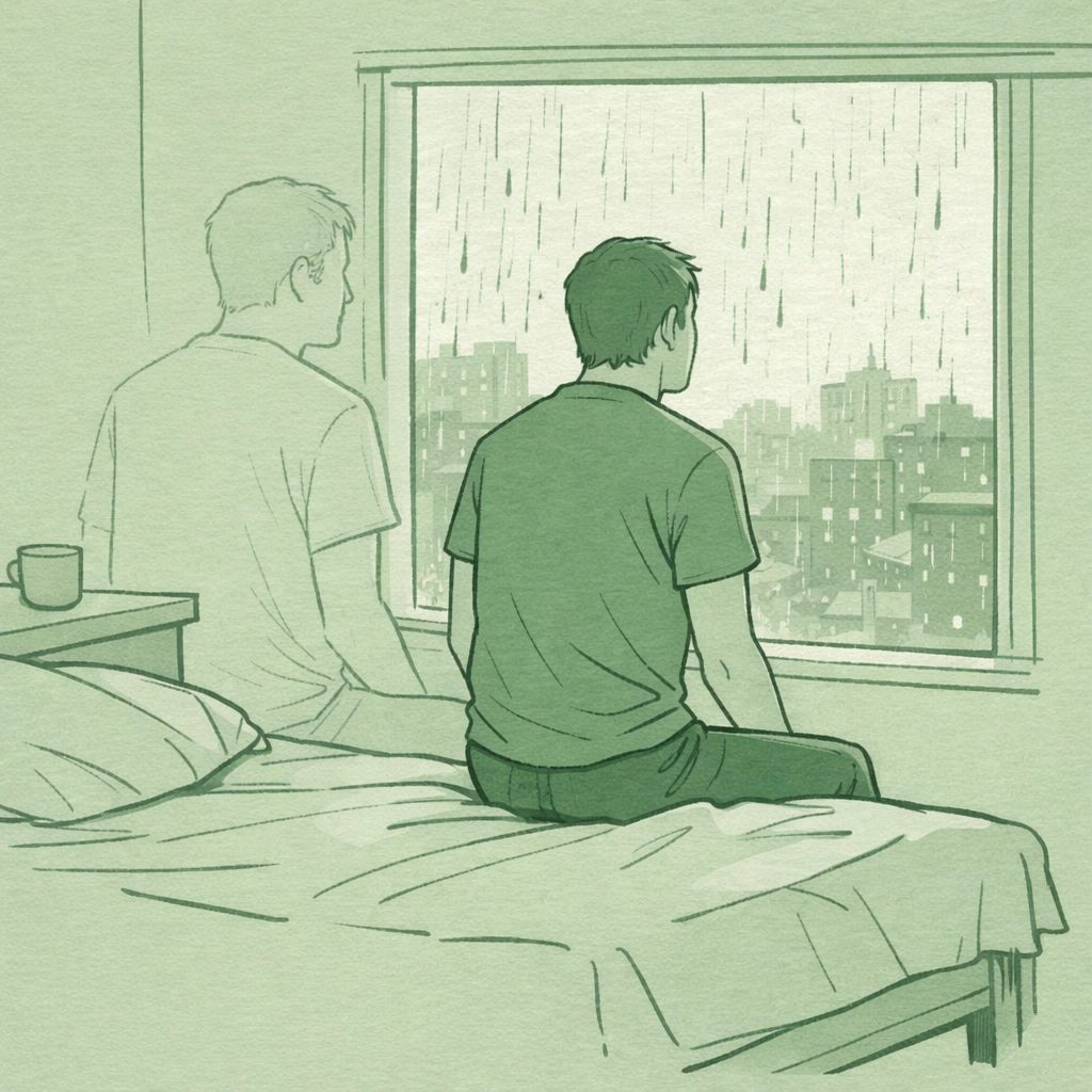 Solitary gay man gazing at city reflecting on loneliness and urban resilience