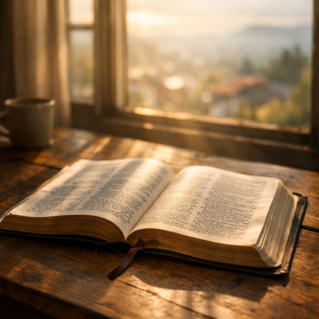 Open Bible on wooden table with morning light illustrating Scripture and God's sovereignty