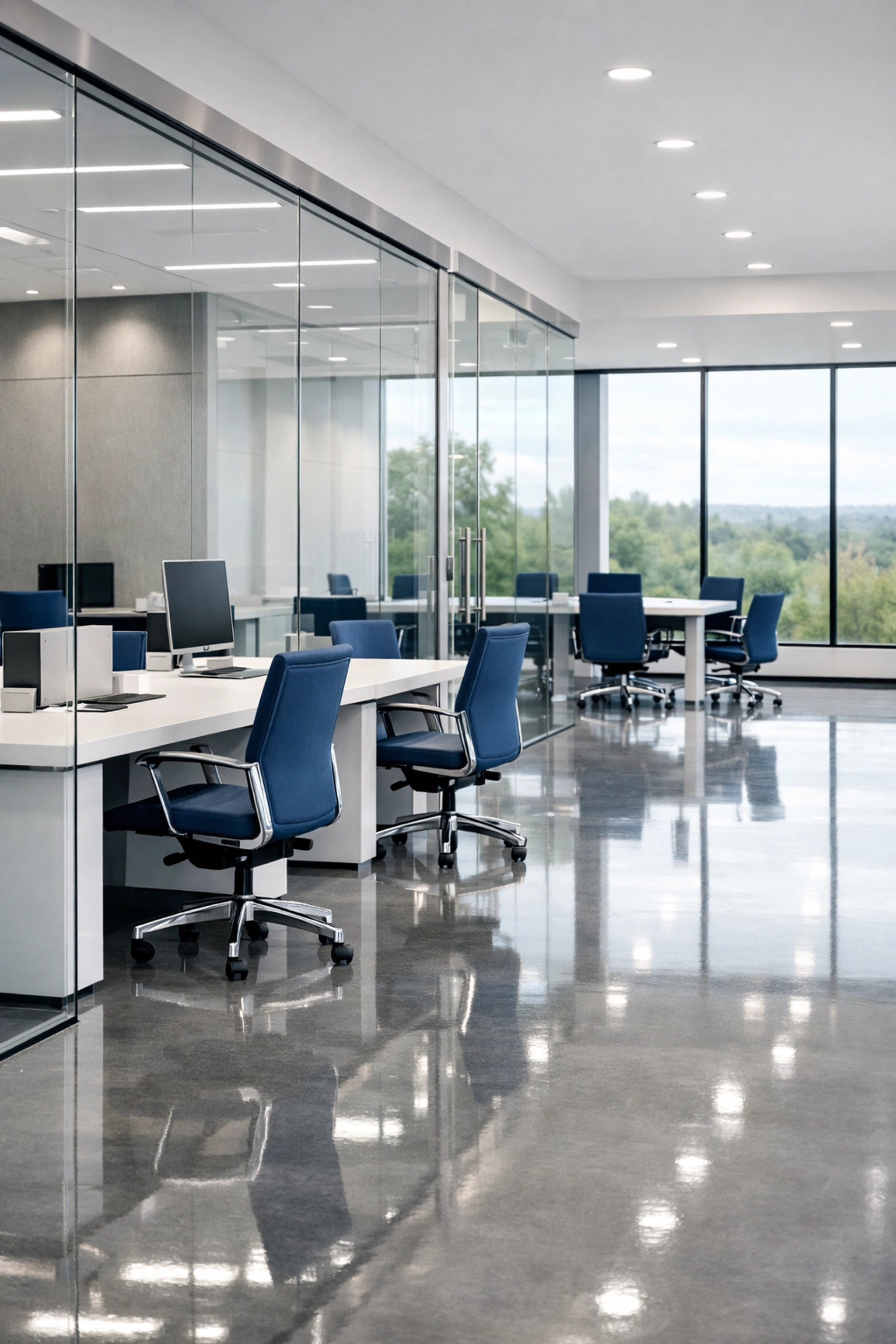 Sleek and professional office space with polished floors following a commercial cleaning Ashby MA service.