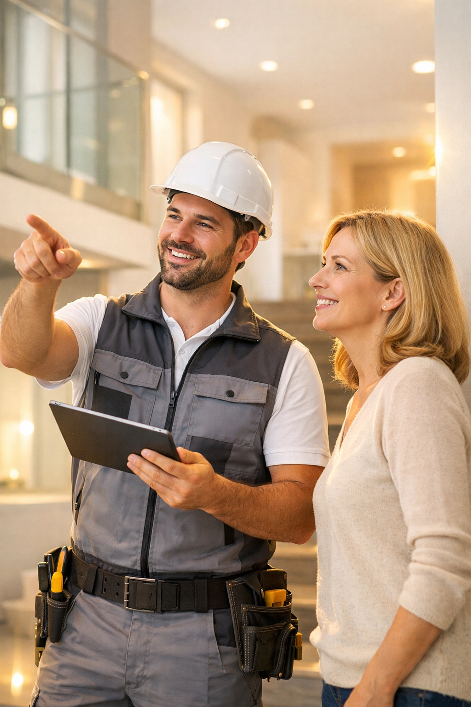 A professional West Sussex builder consulting with a client on a home renovation project.