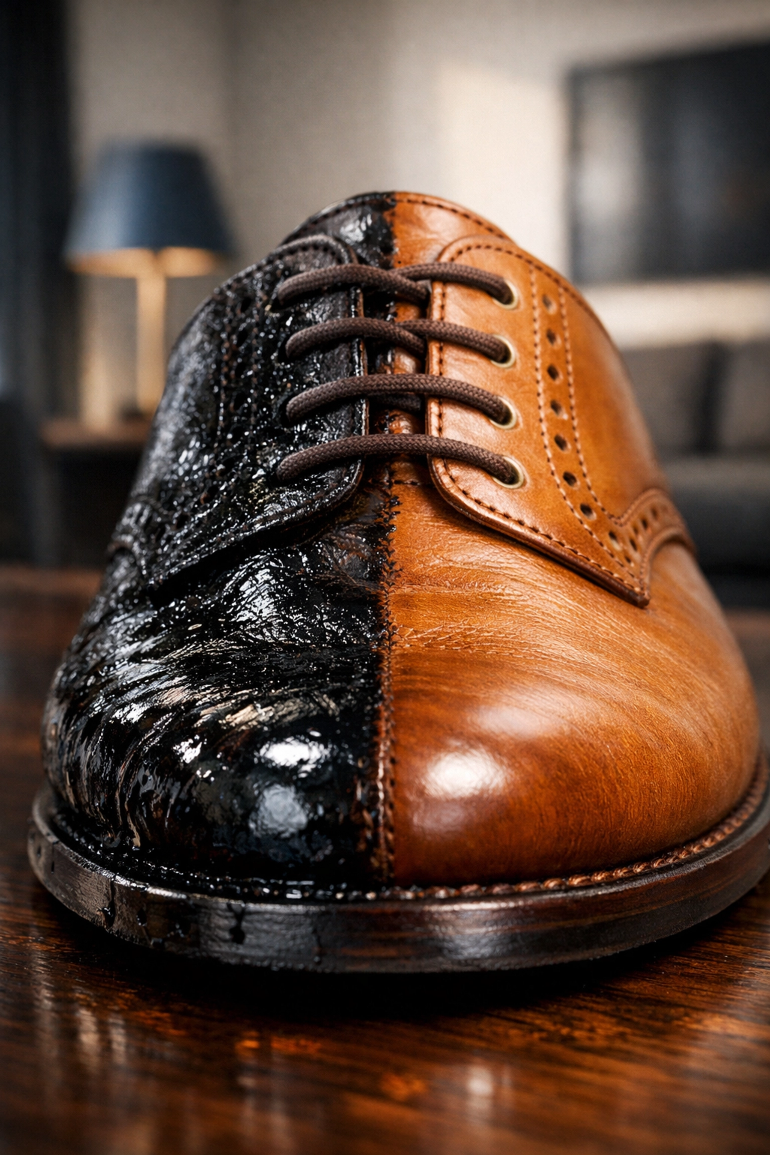 Comparison of healthy leather and oil-stained leather on a designer shoe showing deep saturation damage.