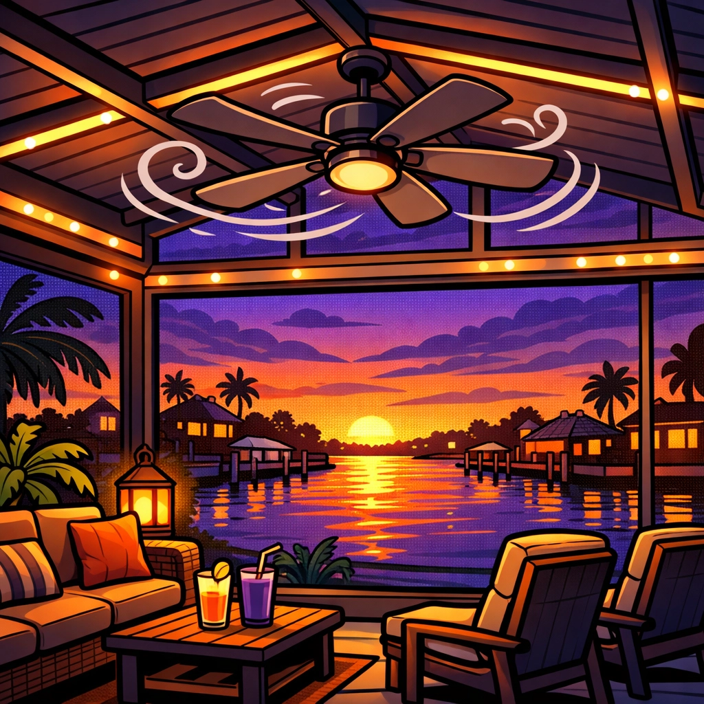 Apollo Beach screen room with integrated LED lighting and a ceiling fan for comfortable outdoor living.