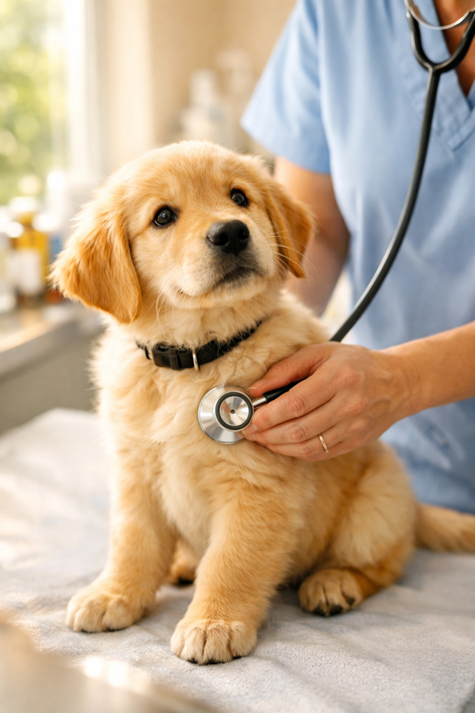 Golden Retriever puppy receiving health screening examination at veterinary clinic