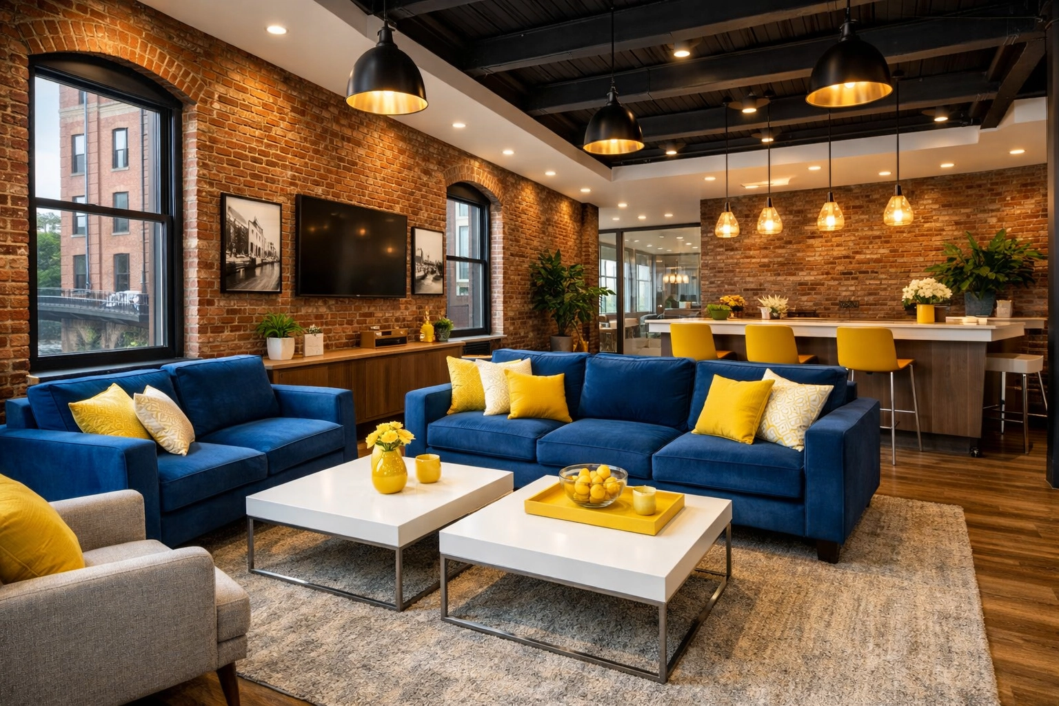 Spotless collaborative lounge in a Canal District office, maintained by expert office cleaning Worcester.