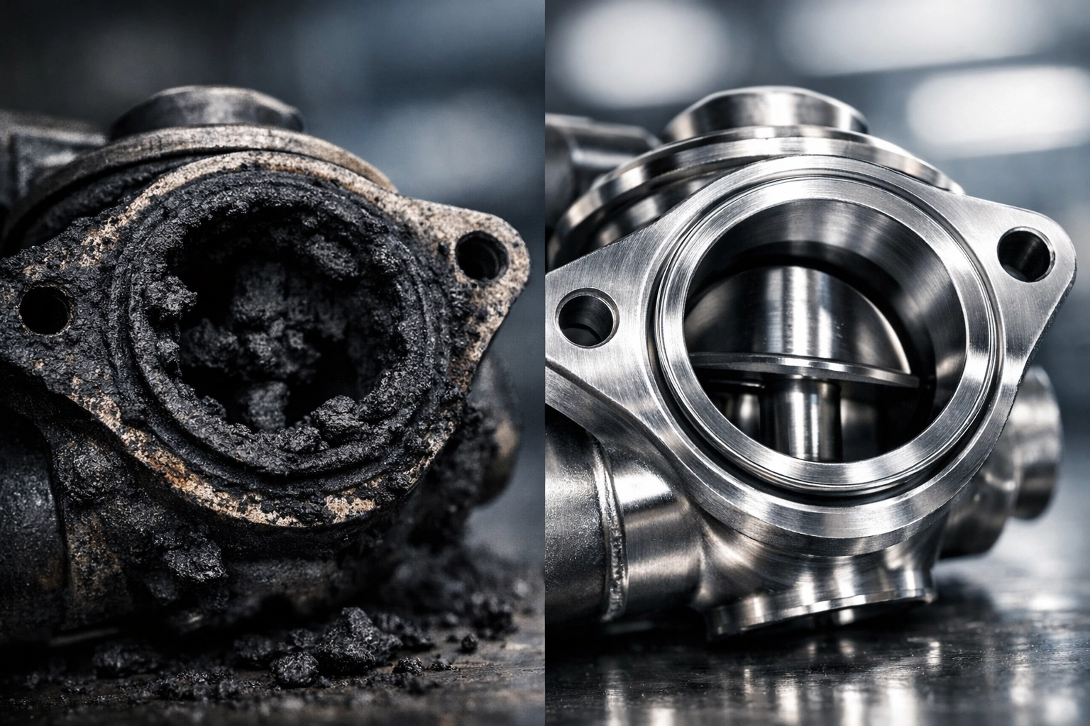 Comparison of a dirty carbon-clogged EGR valve and a clean replacement part for a Sprinter van.