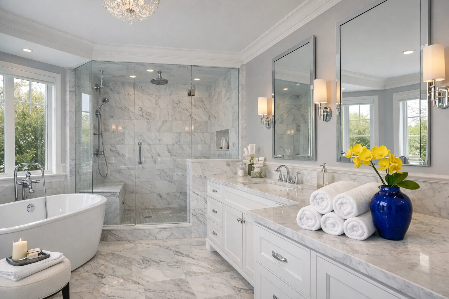 A luxury master bathroom sparkling clean following a professional weekly house cleaning in Marlborough.