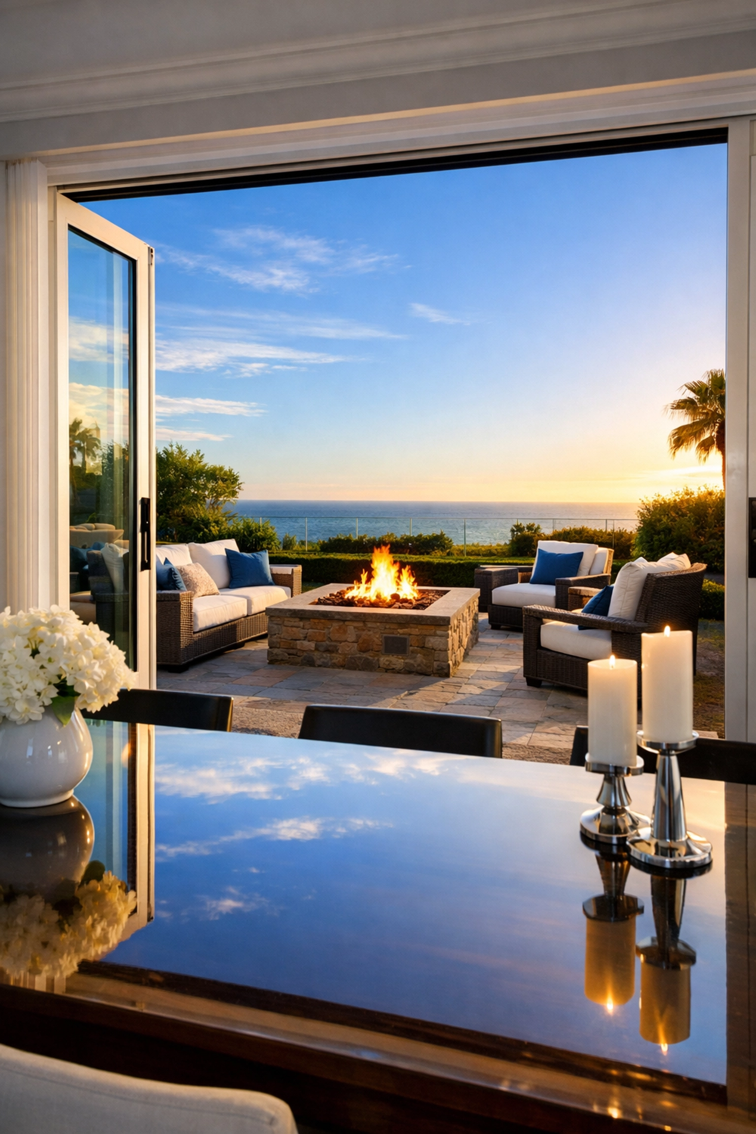 Sparkling clean dining room and patio reflecting the freedom of weekly house cleaning.