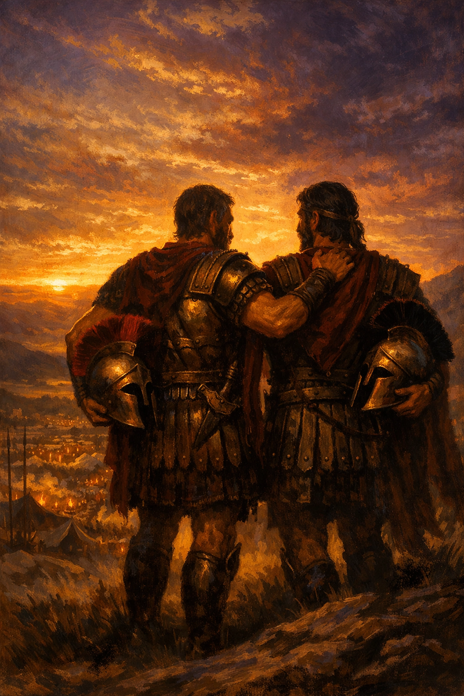 Alexander the Great and Hephaestion as Macedonian warriors, symbolizing their military partnership and trust