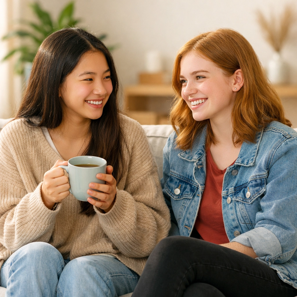 Two teen girls talking in a teen residential treatment center, building trust and connection