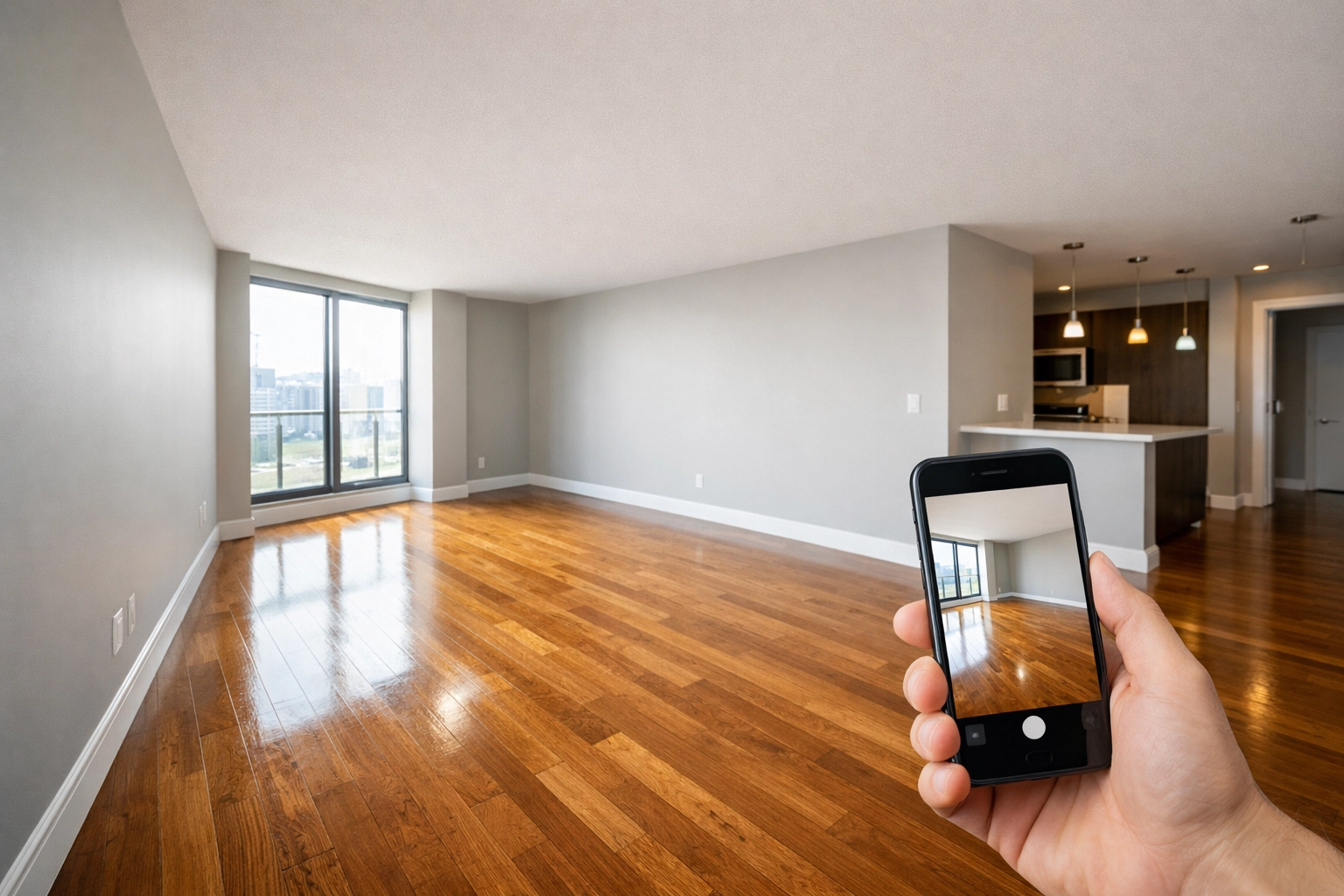 Property manager taking photo proof of a show-ready vacant apartment for a final cleaning inspection.