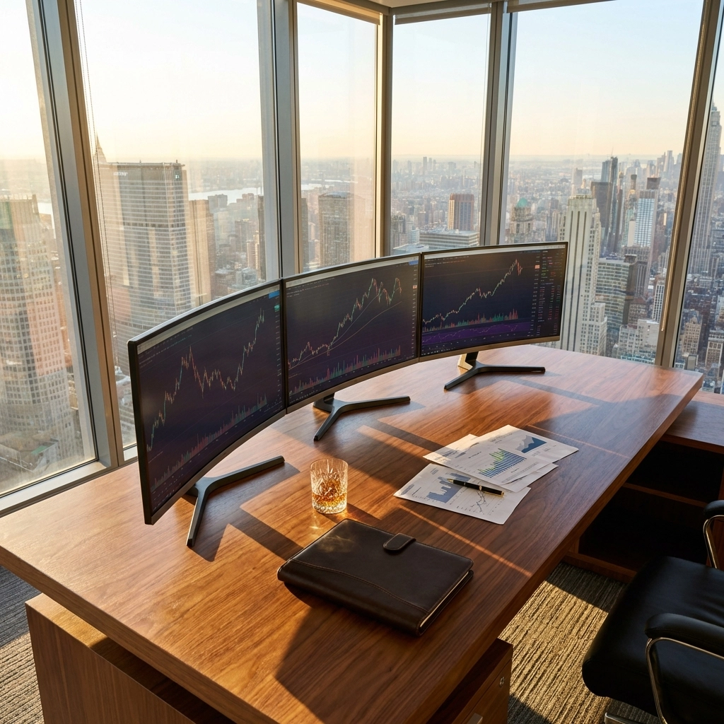 Sophisticated investor's desk with multiple alternative investment dashboards in a high-rise office, highlighting accredited investor advantage.