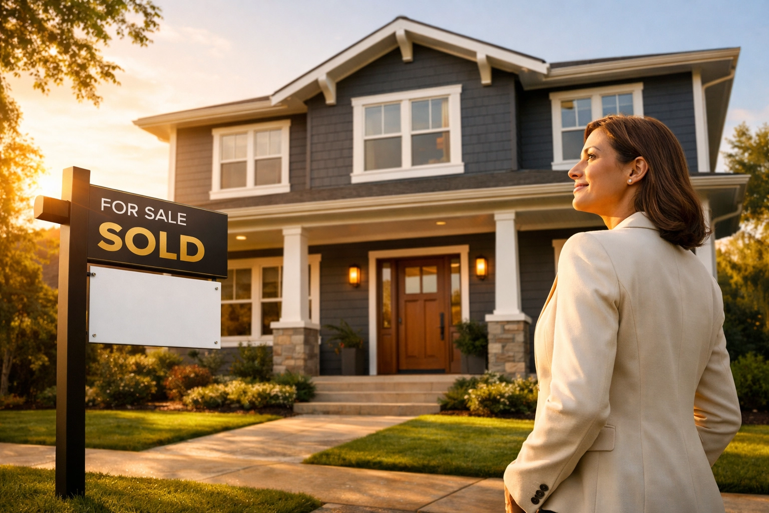 Cover Image: professional woman investor standing confidently in front of a beautiful finished home
