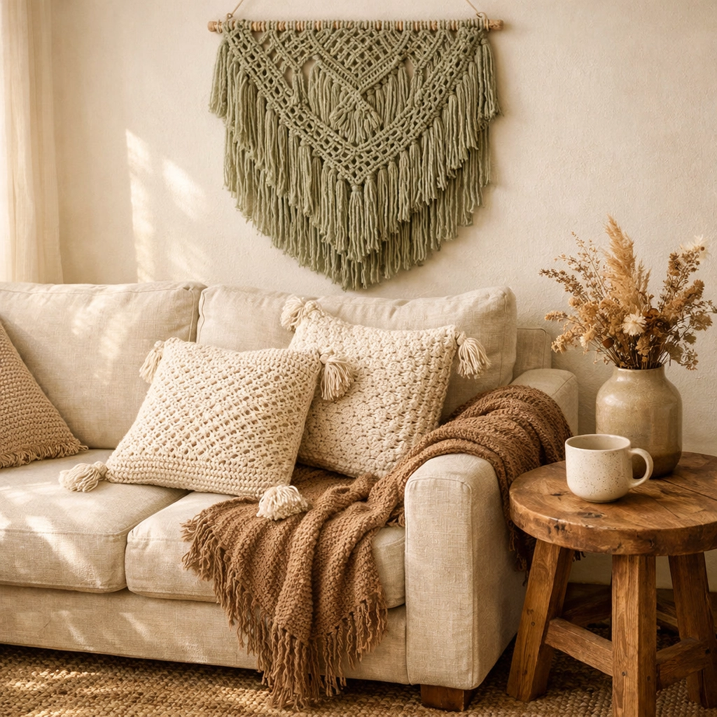 Sage green macramé wall hanging with earthy neutral tones and handwoven textiles on cream sofa