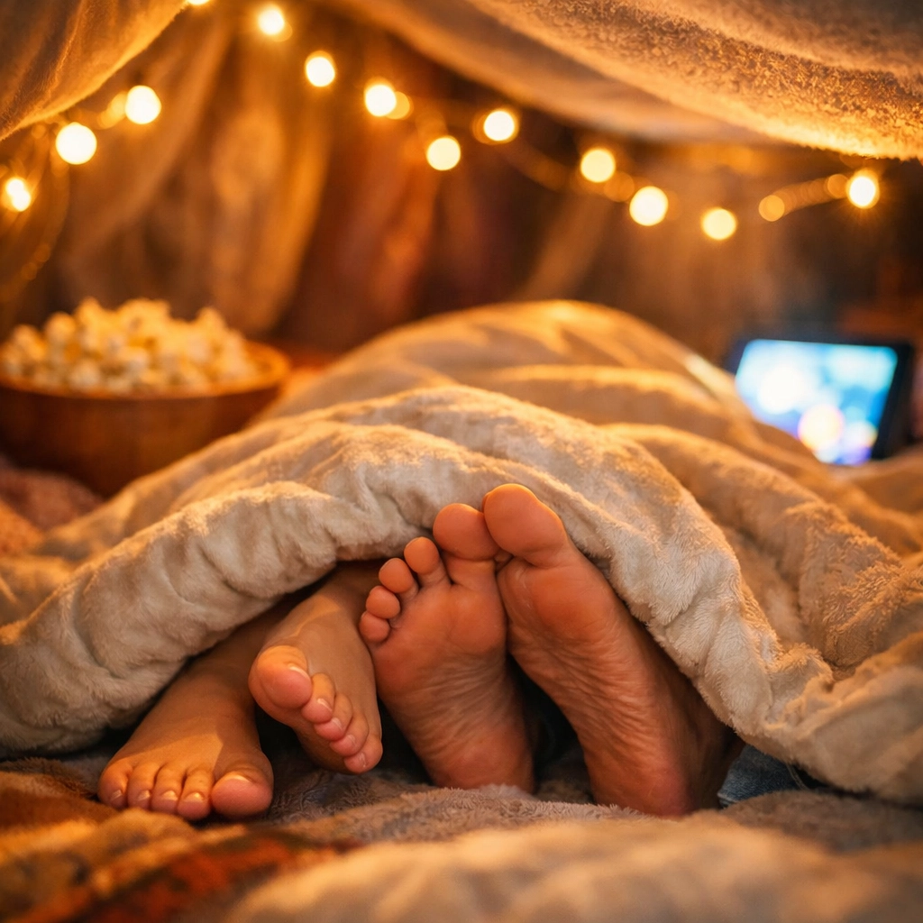 A couple relaxing in a blanket fort, showing how novelty and fun improve sexual wellness and connection.