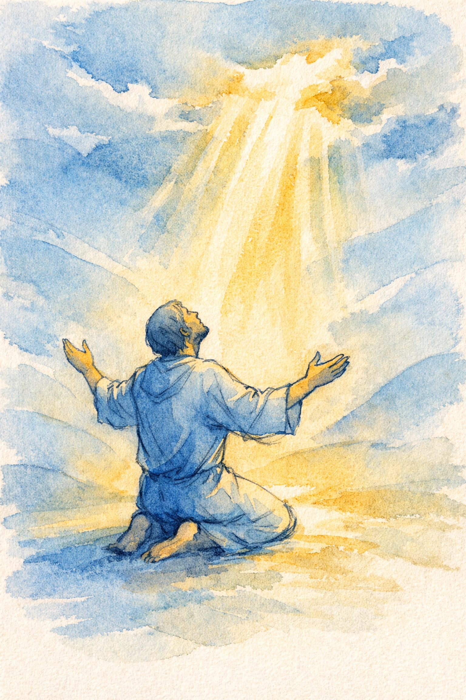 Person kneeling in prayer with open arms, expressing spiritual vulnerability and emotional openness