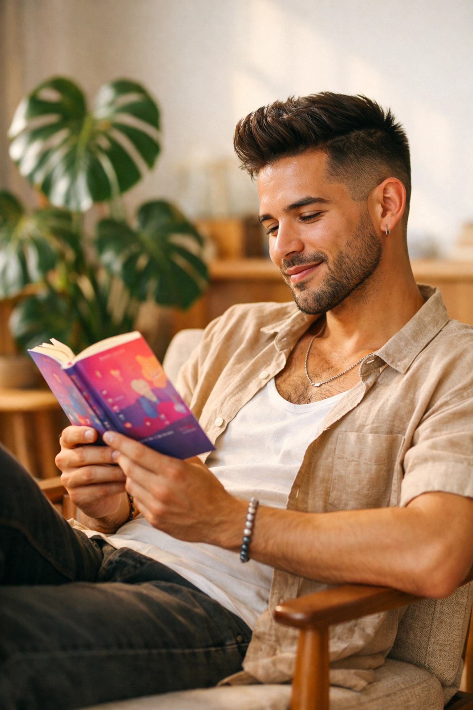 A young gay man enjoying a quick read of an LGBTQ+ novella in a sunlit modern living room.