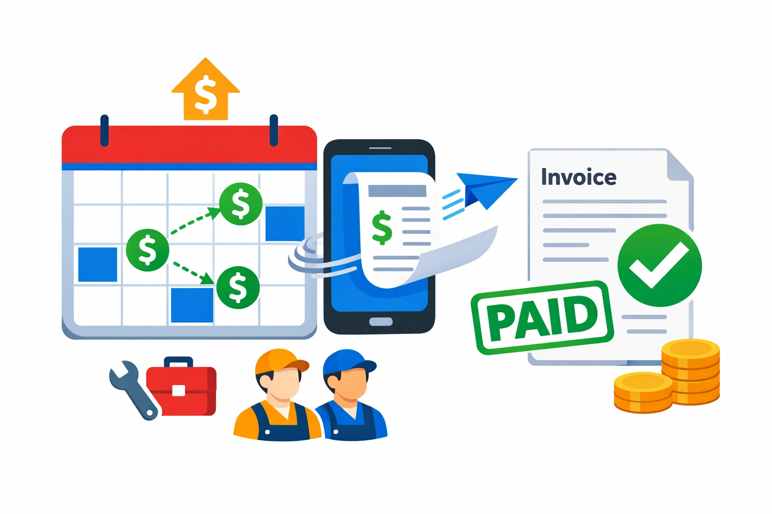 Invoice sent from a phone with a calendar and a paid stamp to represent faster payments and cleaner cash flow.