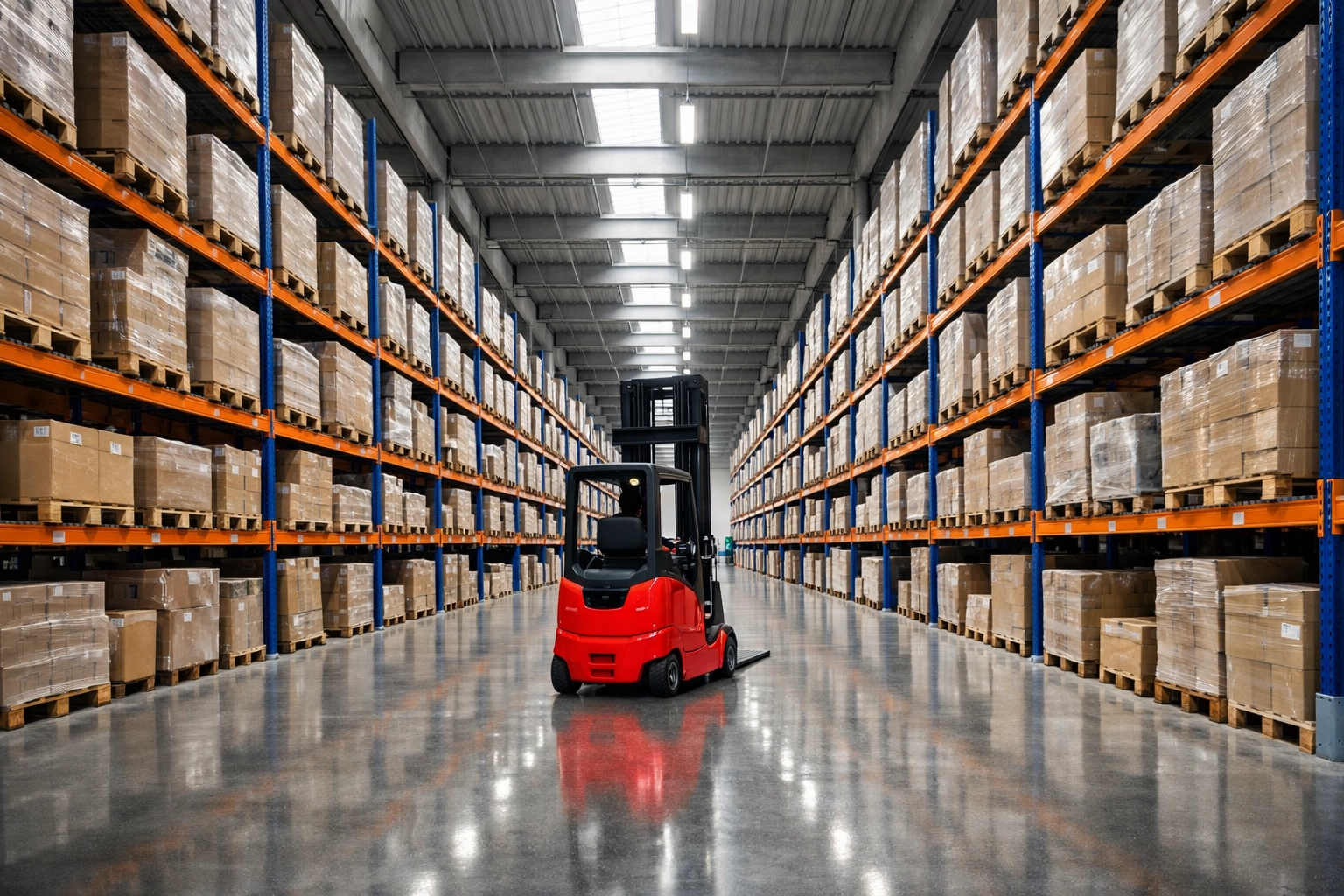 Modern warehouse and fulfilment centre in Hertford with industrial shelving and storage facilities.