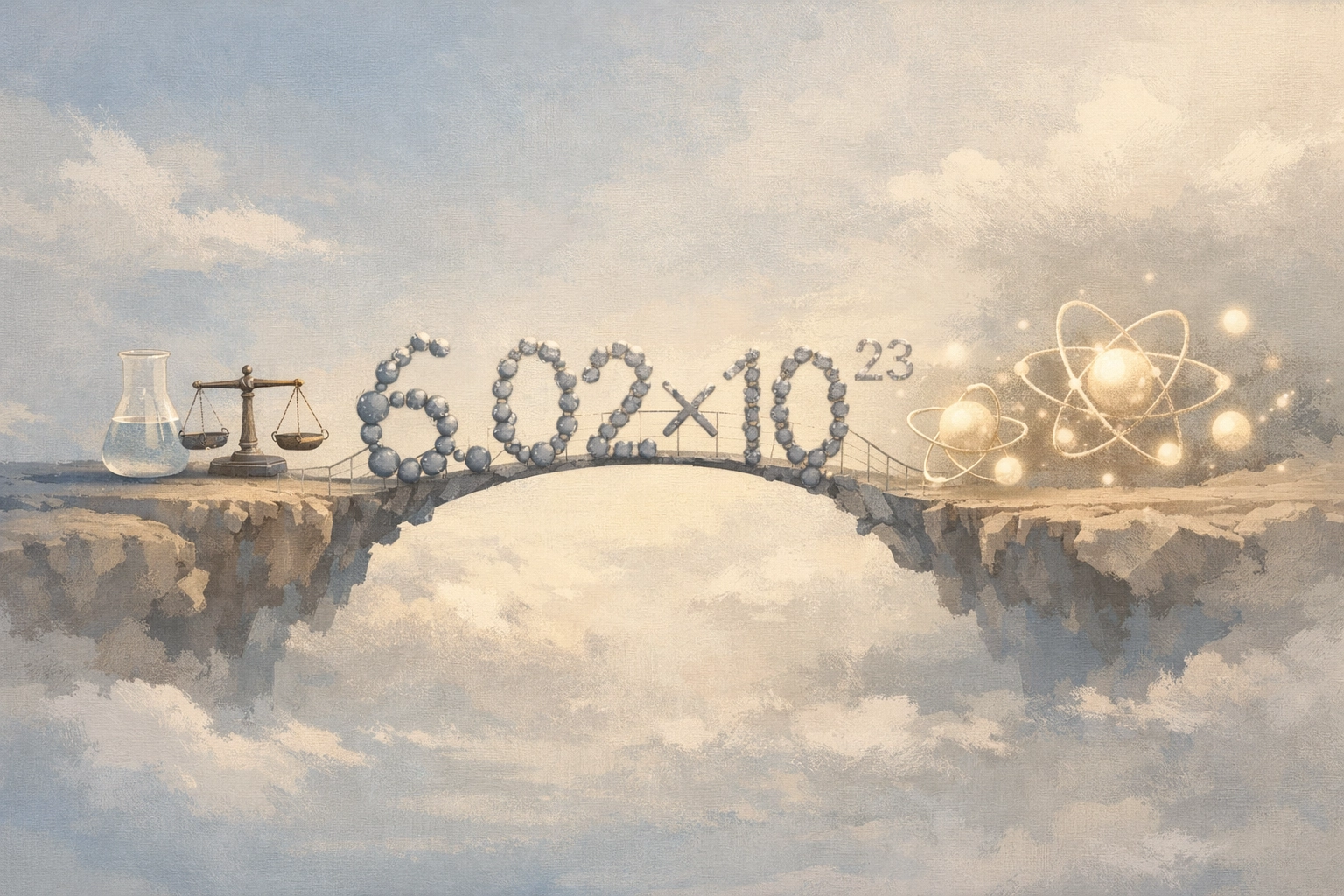 Conceptual bridge illustration connecting macroscopic measurements to microscopic mole calculations