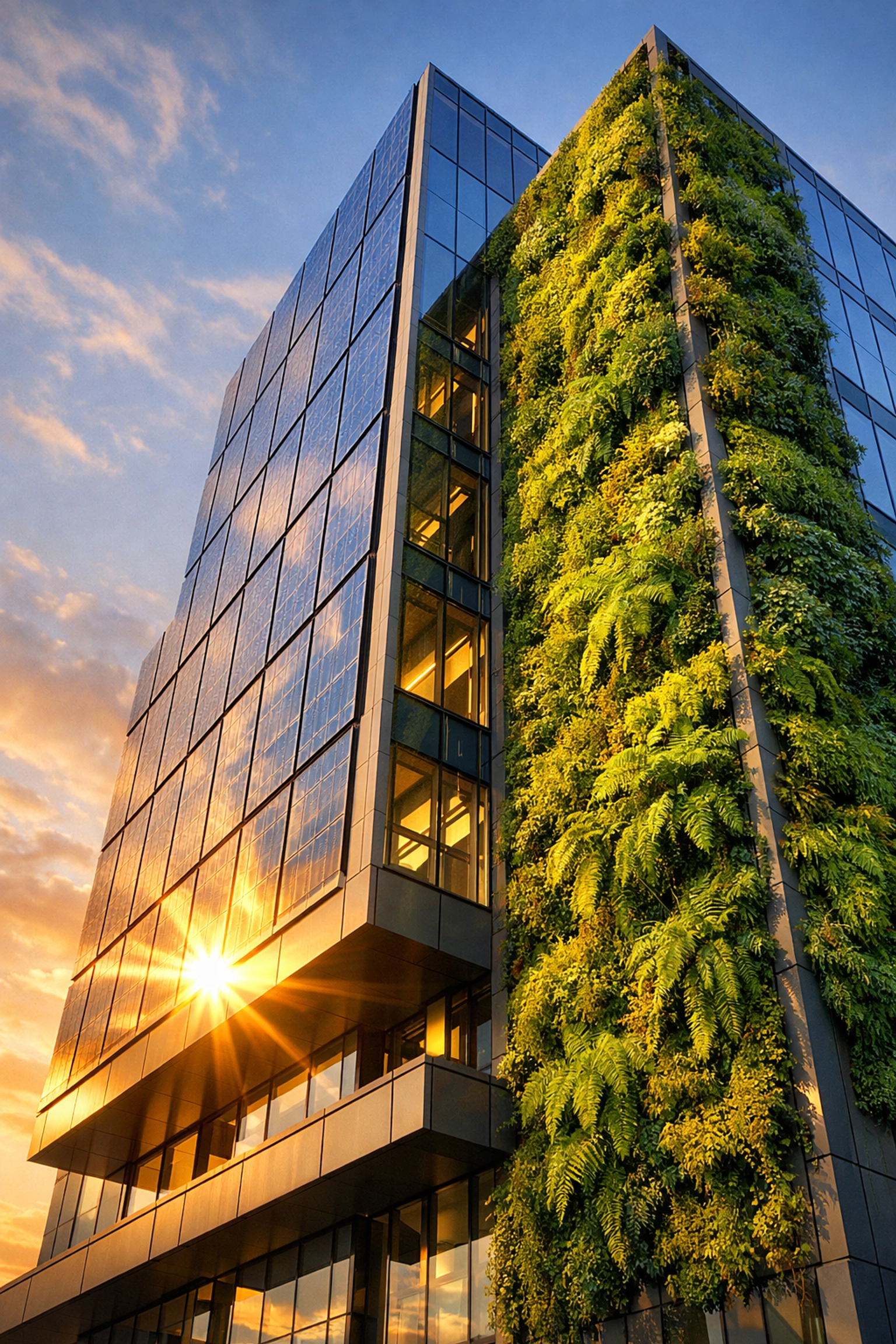 Sustainable corporate headquarters with integrated solar glass panels representing business energy independence.